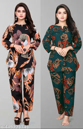 Printed rayon women's night suit with three-quarter sleeves, rayon bottom pyjamas from India