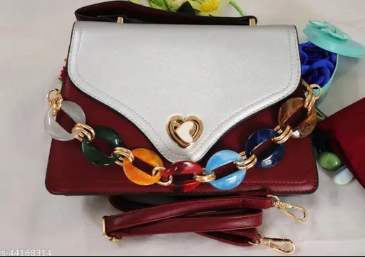 Maroon and white synthetic leather sling bag, 2 partitions, spacious design for everyday fashion