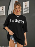 Latest oversized black cotton blend women's T-shirt, trendy printed design, perfect for fashionable wardrobe