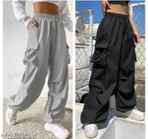 Black polyester parachute pants, wide pantalones with oversized cargo pockets - hippie streetwear for women (pack of 2)