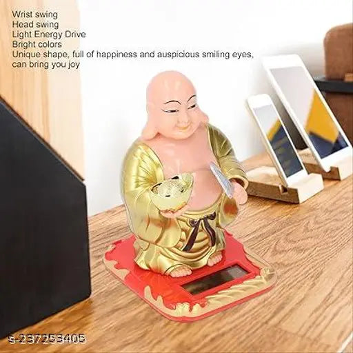 Gold Laughing Buddha figurine with waving fan and moving head, symbolizing health, wealth, and prosperity (Medium size)