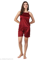 Satin bermuda top and shorts for women's nightwear, solid-patterned satin set in size S, India origin