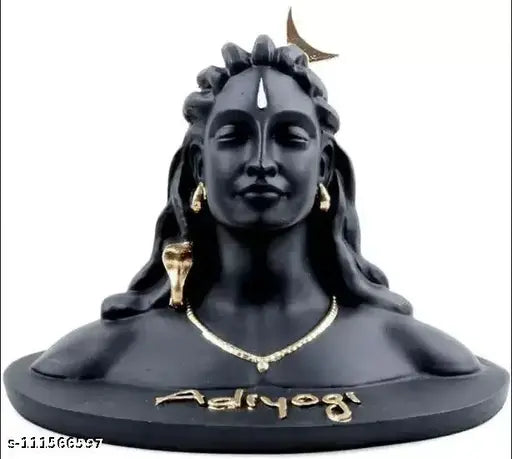 Black resin Adiyogi Shiva idol, miniature version of the 112-Feet statue. Crescent moon on top. Perfect gift for home or office." (107 characters)