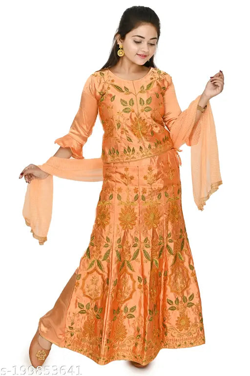 Embroidered satin lehenga choli set for girls, net dupatta, stitched and available in various sizes from 2-16 years