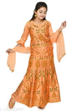 Embroidered satin lehenga choli set for girls, net dupatta, stitched and available in various sizes from 2-16 years