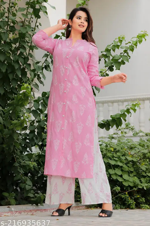 Rayon printed pink kurti Palazo set, Chandani Collection - single size, three-quarter sleeves, India-origin fashion