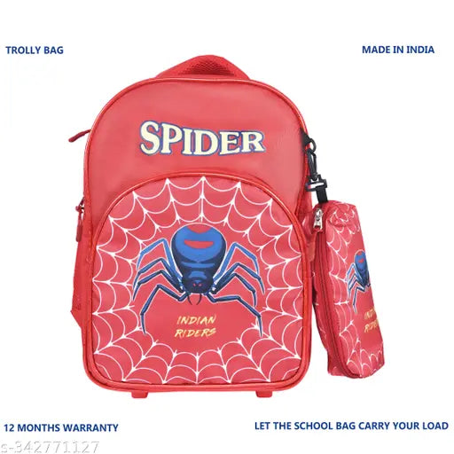 Red waterproof Indian Riders Spider Men School Trolley Bag (25/30 L), durable polyester net with spider print, comfortable padding, 2 main compartments, 1 front pocket, side water bottle pocket, easy to carry with trolley handle and Pu wheels