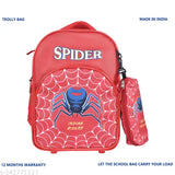 Red waterproof Indian Riders Spider Men School Trolley Bag (25/30 L), durable polyester net with spider print, comfortable padding, 2 main compartments, 1 front pocket, side water bottle pocket, easy to carry with trolley handle and Pu wheels