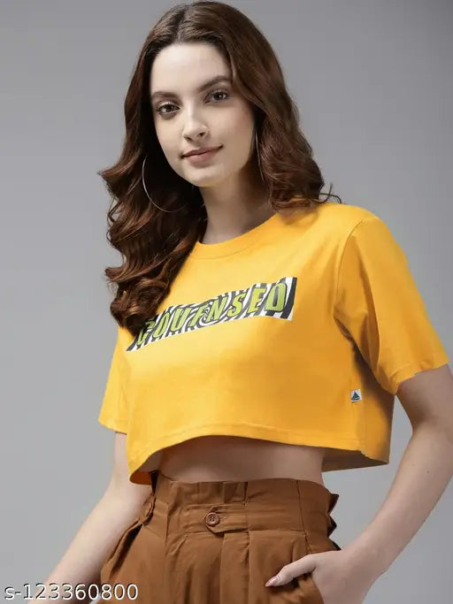 Yellow cotton oversize crop t-shirt, printed with graphic design by The Dry State for women's fashion