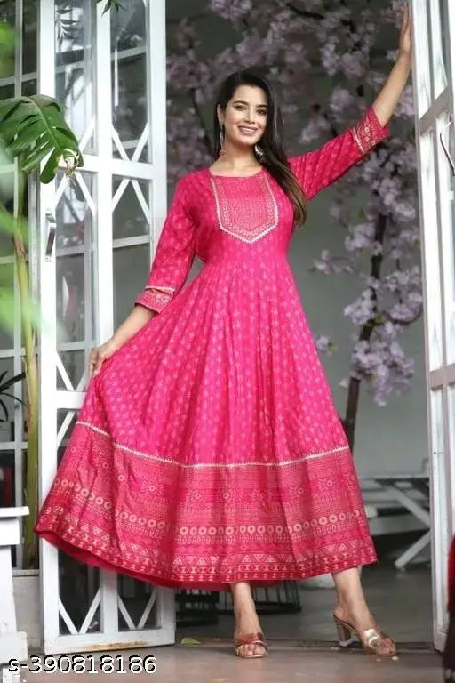 Rayon three-quarter sleeves Anarkali kurti with Gota work, intricately adorned and printed combo, M-XXXXL sizes for women's traditional yet modern Indian fashion