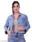 Light blue denim women's jacket, solid pattern, machine washable, durable and sturdy, regular fit for all seasons, made in India