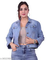 Light blue denim women's jacket, solid pattern, machine washable, durable and sturdy, regular fit for all seasons, made in India