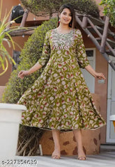 Rayon Anarkali printed kurti gown, embroidery detail, three-quarter sleeves, women's fashion for parties