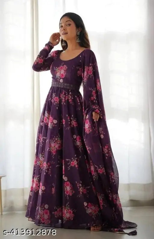Georgette leheriya print maxi dress with dupatta and belt, casual or party wear, perfect for summer or traditional events. Indian wedding wear dress
