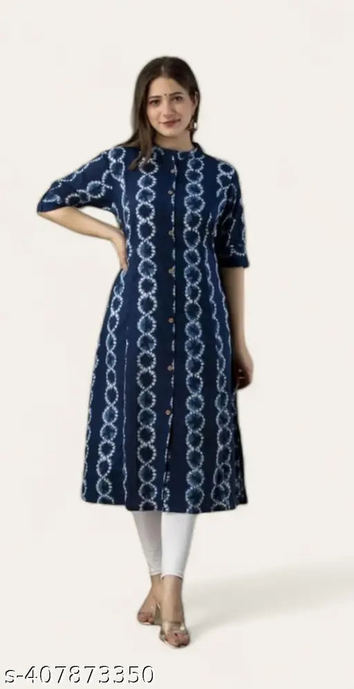 Beautiful printed rayon A-line kurti, three-quarter sleeves, solid color design, Indian ethnic wear for women