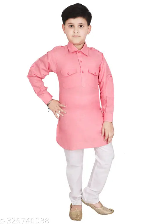 Kids Indian ethnic kurta Pathani suit for boys in cotton, solid pattern, long sleeves. On model, 2-3 years size