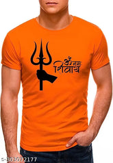 Orange polycotton Kawad Bhole Baba T-shirt for unisex adults, printed with intricate design
