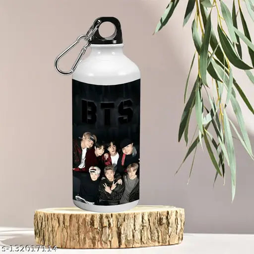 Black aluminum BTS combo gift set with sipper bottle, water bottle, keychain, and signatures from V, Suga, J-Hope, Jungkook, Jin, Jimin - perfect for BTS fans' birthdays (600 ml)