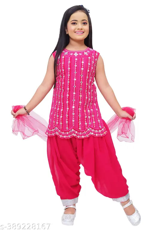 Georgette embroidered kurta set with dupatta, trendy colors, handwork of stone and mirror