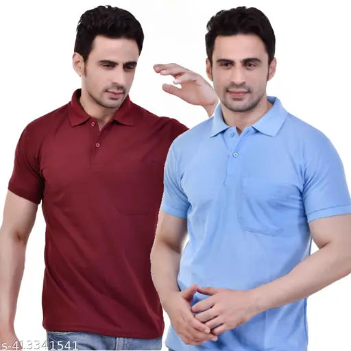 Multi-colored polycotton men's polo half sleeves T-shirts, maroon & sky blue (S to 3XL), collared and pocketed combo pack of 2
