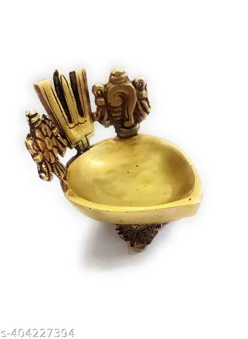 Brass Shankh Chakkar Deepak (250g), traditional Indian temple lamp with a length and height of 10cm each