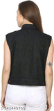 Black sleeveless fancy denim women's jacket from New Classic Enterprises, solid pattern, India-made, pairs well with jeans and tee