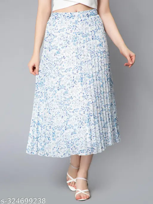 Sky blue pleated skirt with floral pattern, elasticated waist, made from Georgette fabric. Ideal for women's fashionable outfits