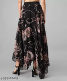 Georgette printed net, flared long skirt with brown flower design, RAABTA Black, women's size 28-34 (wastes 28in-34in, length 39in-42in)
