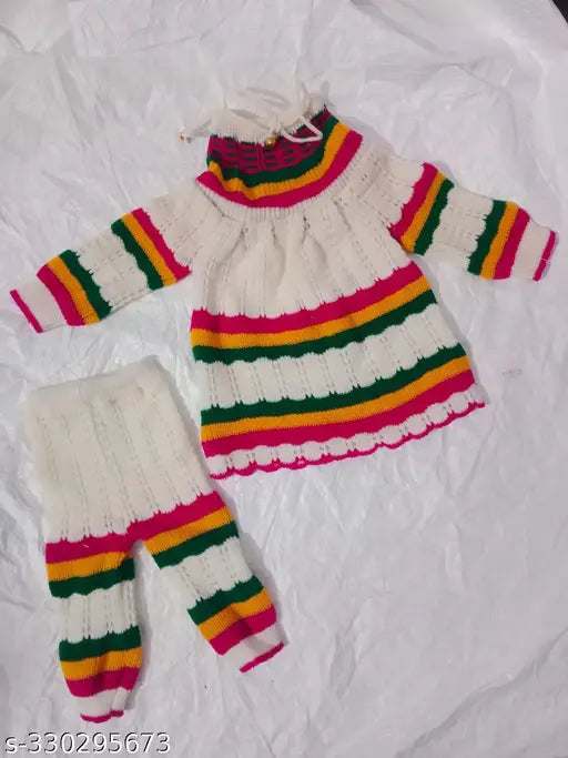 Striped woolen winter wear for baby girl (1 year to 18 months) - comfortable frock & pajamas, all original sweaters