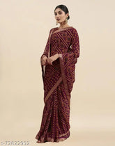 Maroon chiffon printed saree with separate blouse piece, Indian fashion accessory