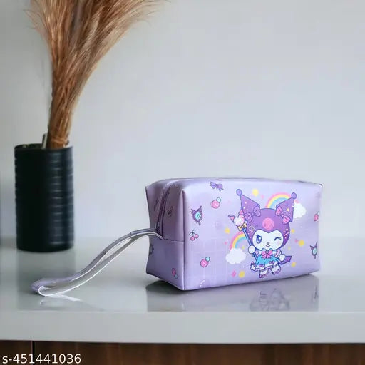 Sanrio Kuromi canvas printed PU pouch, perfect for cosmetic storage and travel vanity. Ideal for young women's makeup essentials