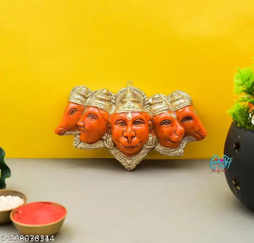 Vintage Poly Resin Panchmukhi Hanuman statue, 6 inch, perfect for home temple and office decor. Intricately detailed idol symbolizing strength and spiritual significance