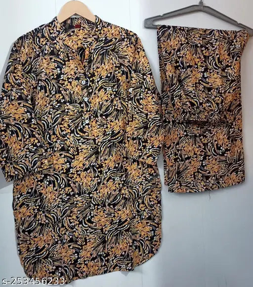 Black flower printed rayon nightsuit top with palazzos, perfect for all seasons, soft and lightweight