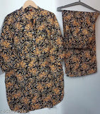 Black flower printed rayon nightsuit top with palazzos, perfect for all seasons, soft and lightweight