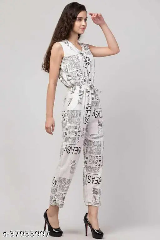White crepe newspaper print jumpsuit, eco-friendly and anti-wrinkle for a fashionable look