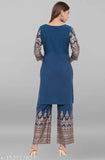 Teal poly crepe printed kurti with palazzos by Janasya, three-quarter sleeves, India origin