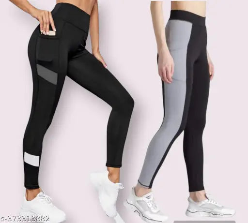 Stretchable striped jeggings for women, colorblocked yoga track pants, free size 28-40 inch pack of 2, ankle length workout trousers from Earth Gym wear