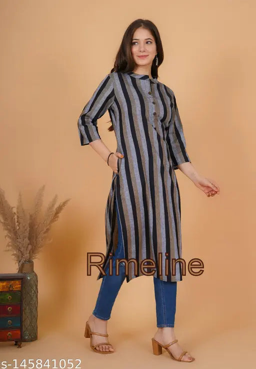 Striped cotton kurti with one pocket, three-quarter sleeves for women. High-quality, affordable, and perfect for daily wear." (93 characters)