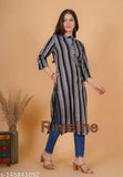 Striped cotton kurti with one pocket, three-quarter sleeves for women. High-quality, affordable, and perfect for daily wear." (93 characters)