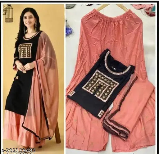 Pure rayon embroidered dupatta set with kurta and bottomwear, three-quarter sleeves