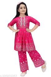 Pink color printed kid's Rayon A-line kurta set with palazzos, vibrant embroidery and short sleeves