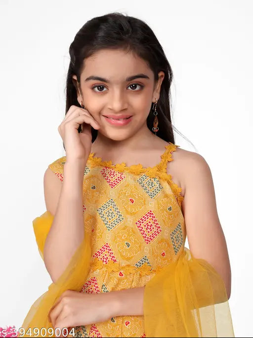 Cotton ethnic set for kids: 4-14 years, printed straight top with dhoti pants & dupatta, Indian clothing for girls