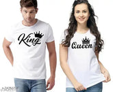 White polyester REYBAQ couple t-shirt set, printed with net pattern. Perfect for everyday wear, pair with jeans or trousers. Available in multiple sizes. Indian origin