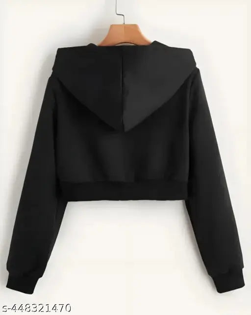 Black wool crop zipper hoodie, trendy kids sweatshirt with long sleeves