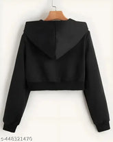 Black wool crop zipper hoodie, trendy kids sweatshirt with long sleeves