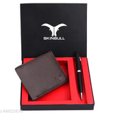 Brown 100% genuine leather men's wallet & pen combo, RFID protected for secure storage