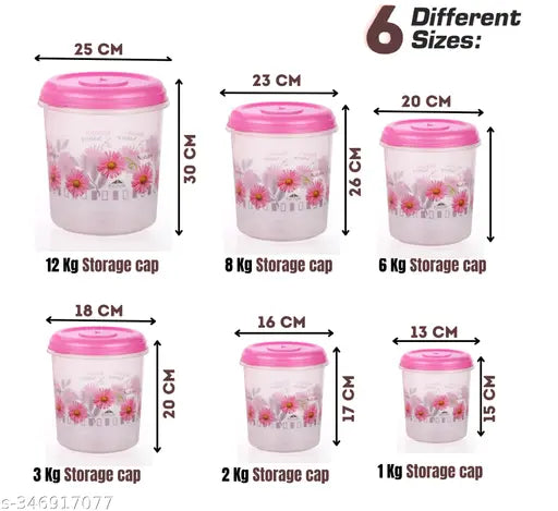 Pink plastic mixer jars (12KG, 8KG, 6KG, 3KG, 2KG, 1KG) for groceries - Veksin airtight set