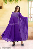 Purple Georgette Women's Embroidered Straight Kurta & Dupatta Set, featuring intricate Chikankari patterns on three-quarter sleeves. Traditional Indian fashion for girls and women