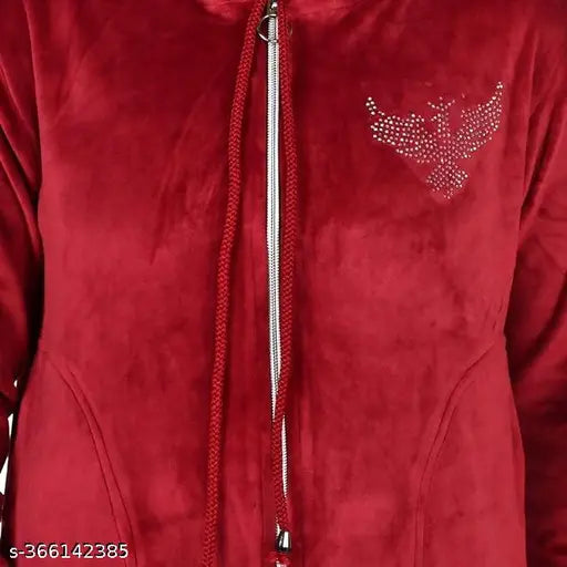 Velvet full sleeves winter hoodie for girls, solid pattern, two pockets, sizes 8-12 years, made in India