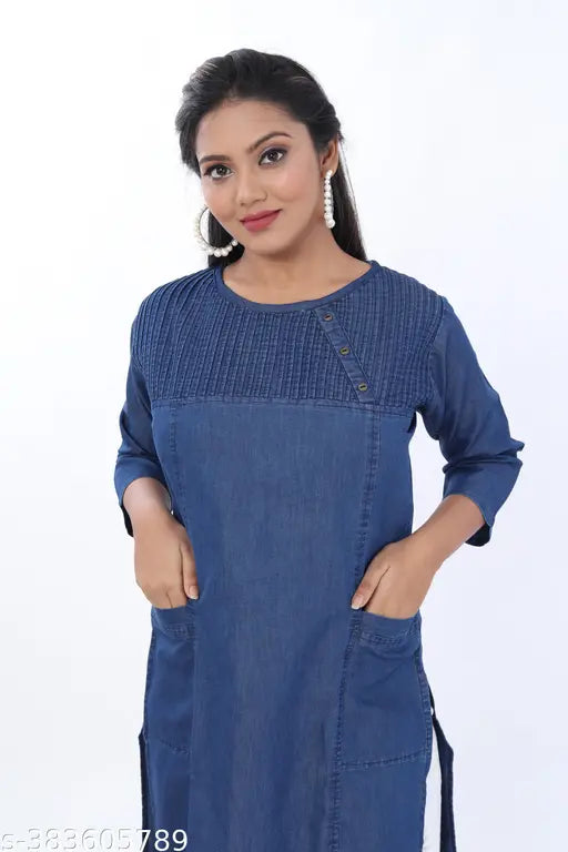 Dark denim round neck kurta, three-quarter sleeves, solid design. M (Bust 38in, Length 40in), suitable for Indian women's fashion